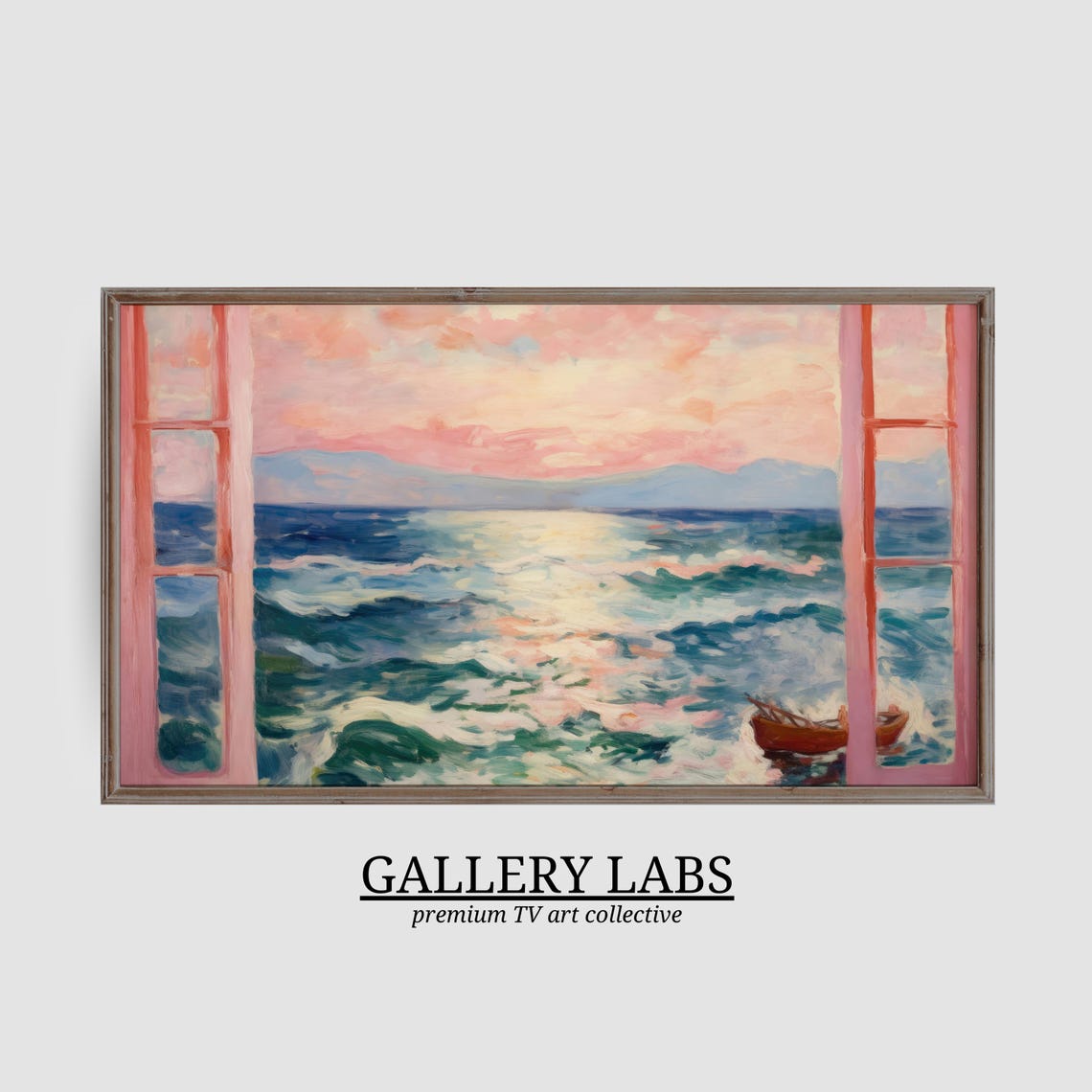 Ocean View Through Pink Open Doors Sunset Waves Boat Painting Poster - Image 3