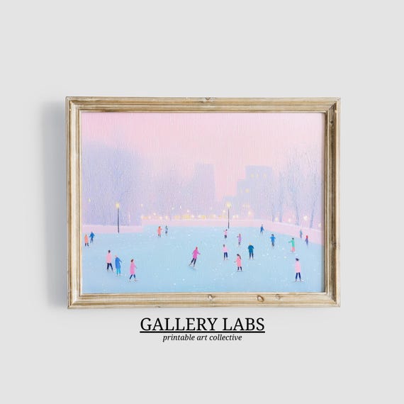 Pink Ice Skating Rink Painting Seasonal Decor Pink Christmas Wall Art Girly Winter Decor Cute Rustic Farmhouse Print