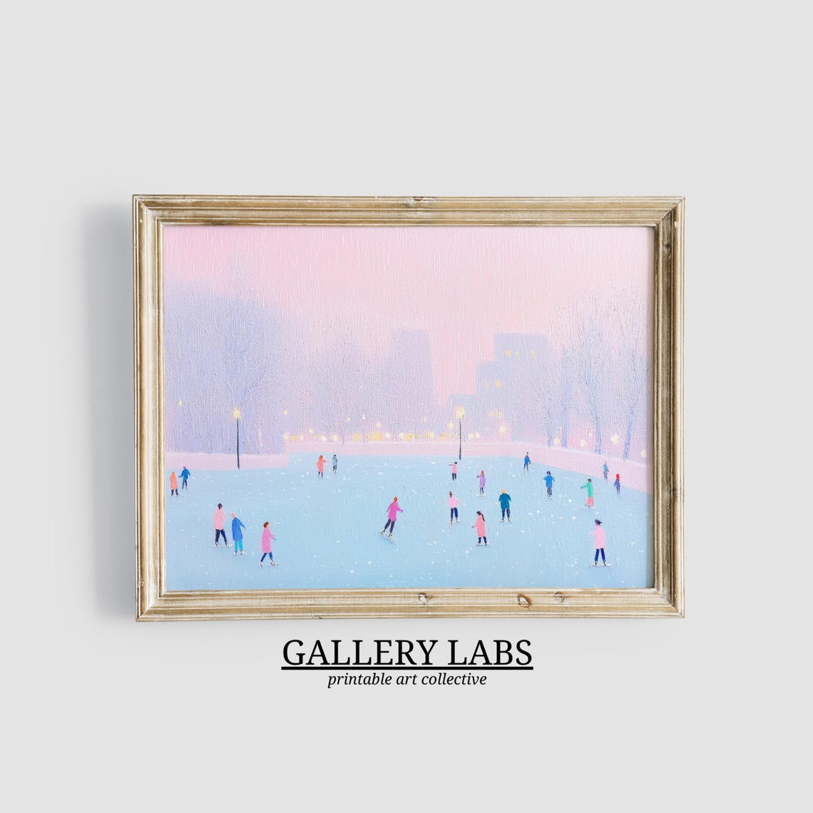 Pink Dusk Ice Skating Rink Skaters Winter Scene Painting Art Poster