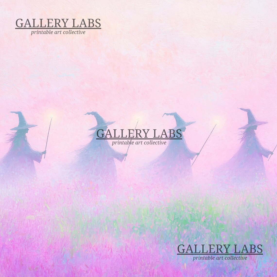 Four Pink Witches Glowing Wands Misty Field Spooky Painting Wall Poster - Image 4