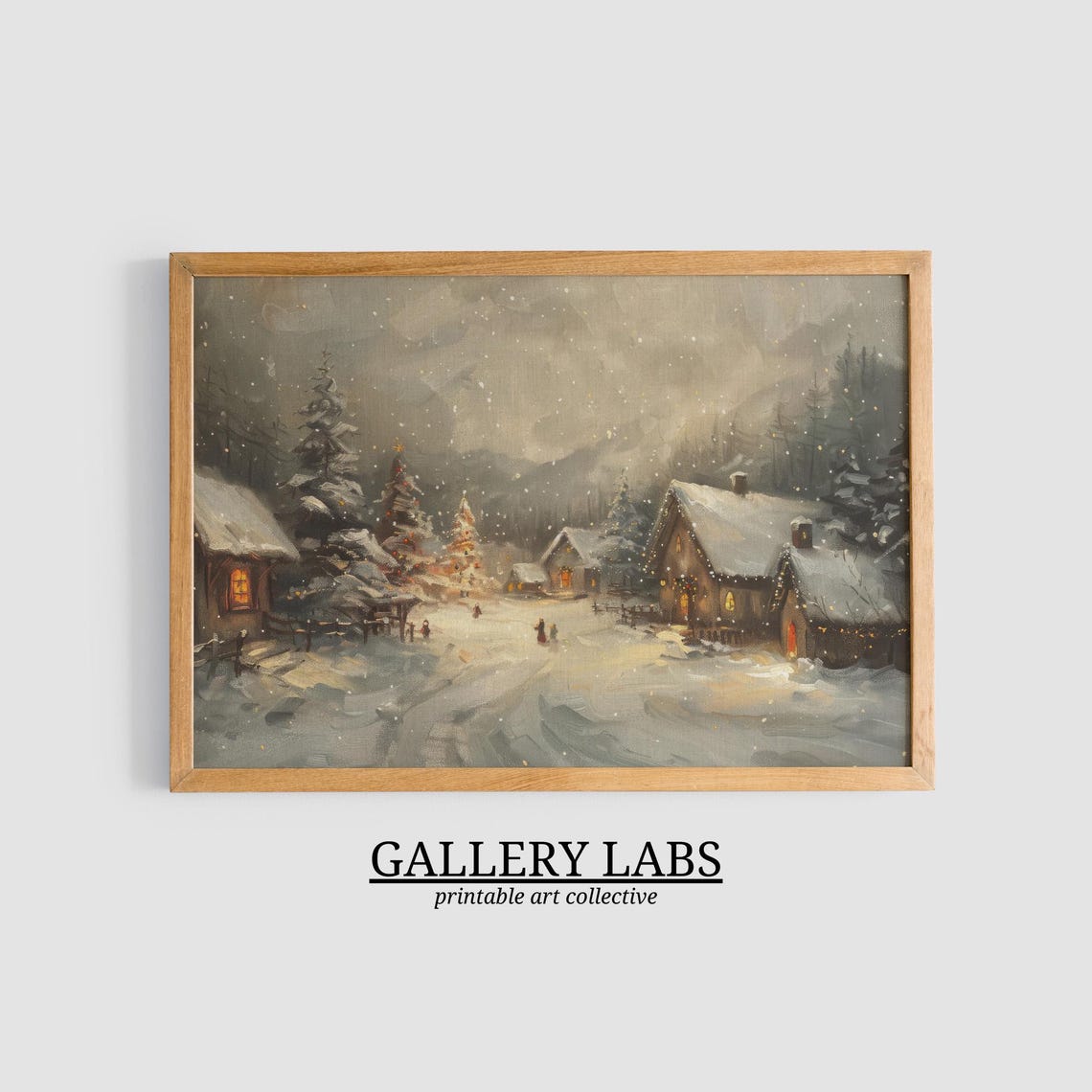 Snowy Village Glowing Cabins Falling Snow Winter Night Painting Poster - Image 3