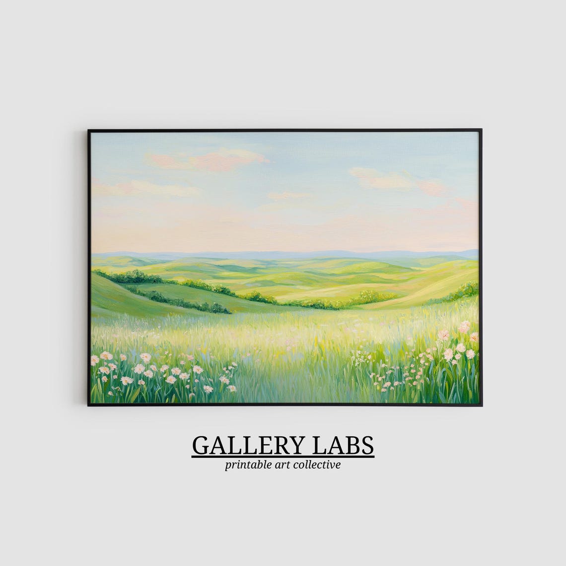 Daisy Field Painting Rolling Green Hills Pastel Sky Meadow Art Print - Image 2