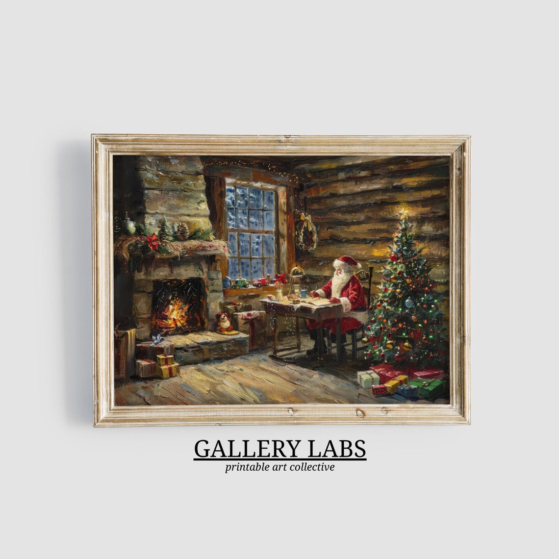 Santa Claus At Desk Log Cabin Fireplace Christmas Tree Scene Poster