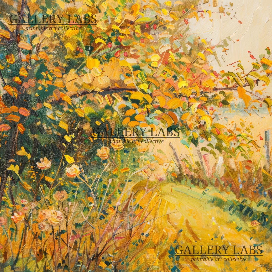 Autumn Wildflowers Golden Tree Warm Orange Rustic Fence Fall Art Print - Image 4