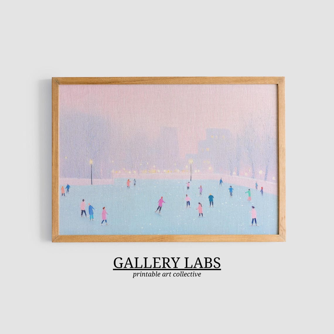 Pink Dusk Ice Skating Rink Skaters Winter Scene Painting Art Poster - Image 3