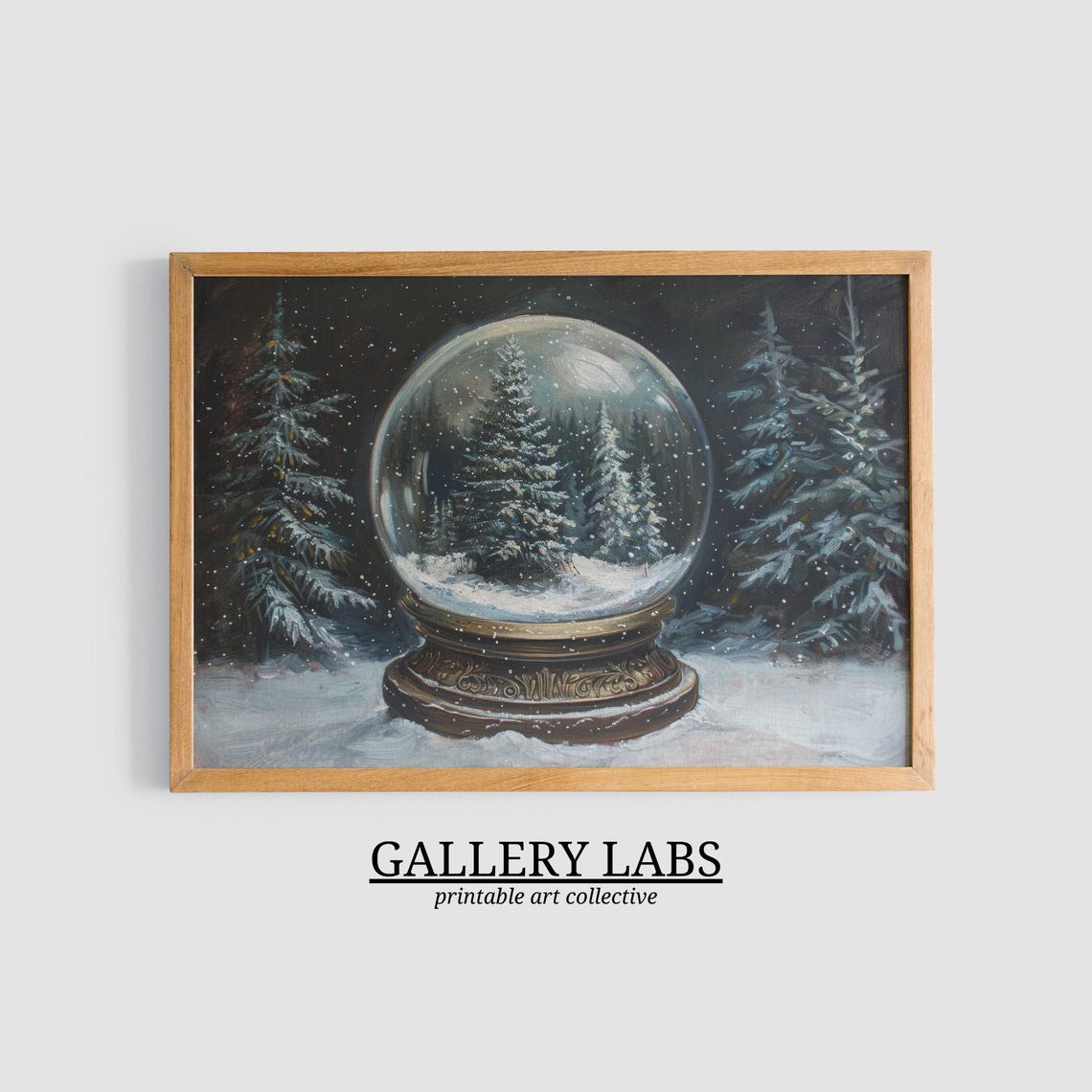 Snow Globe Pine Forest Vintage Brass Base Snowy Winter Painting Poster - Image 3