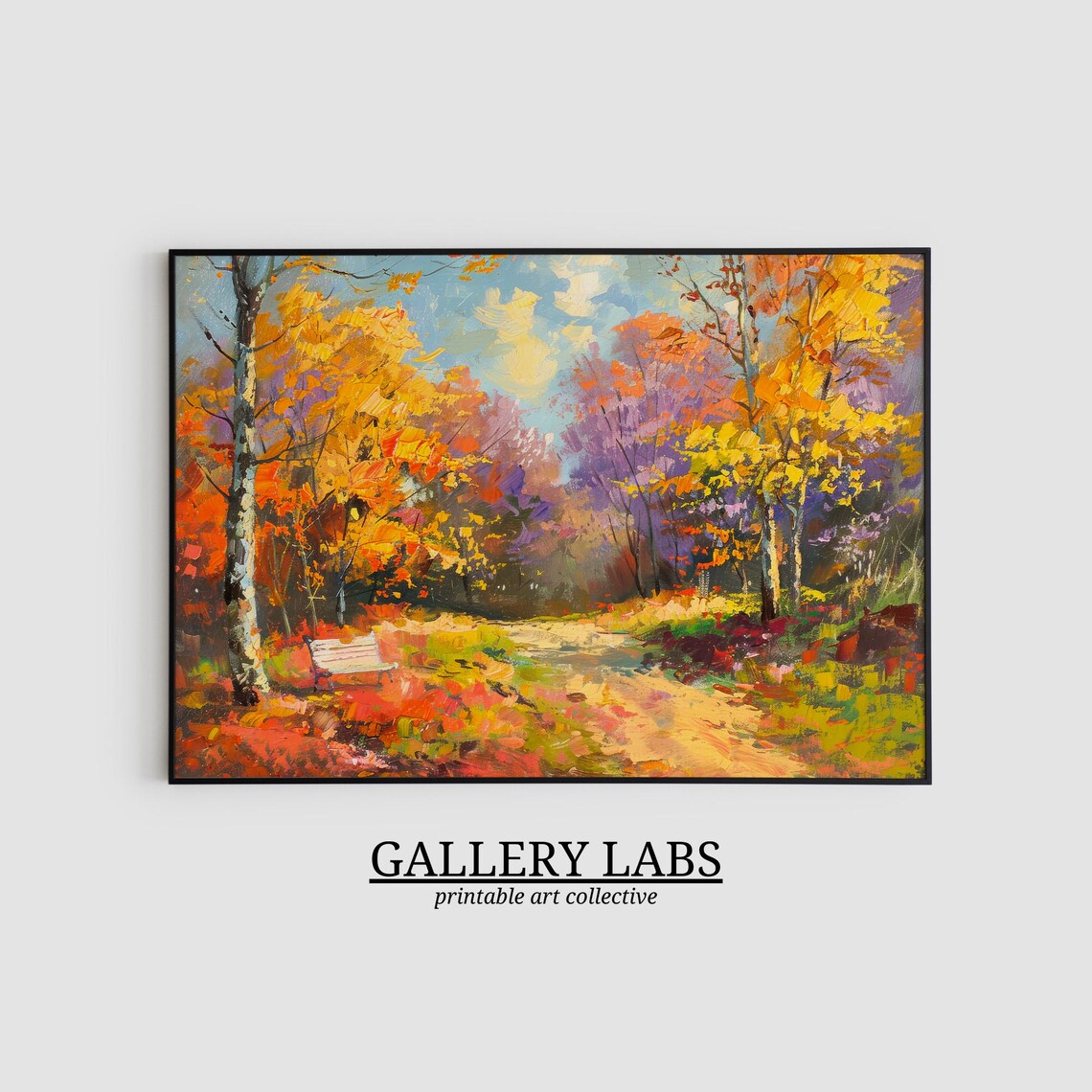 Autumn Forest Path with Park Bench Golden Foliage Landscape Wall Art Print - Image 2