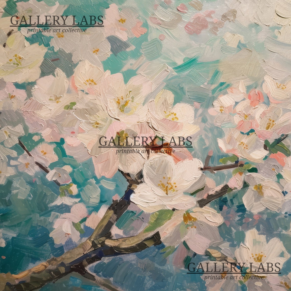 Cherry Blossom Branch Painting Pink White Blooms Teal Art Print - Image 4