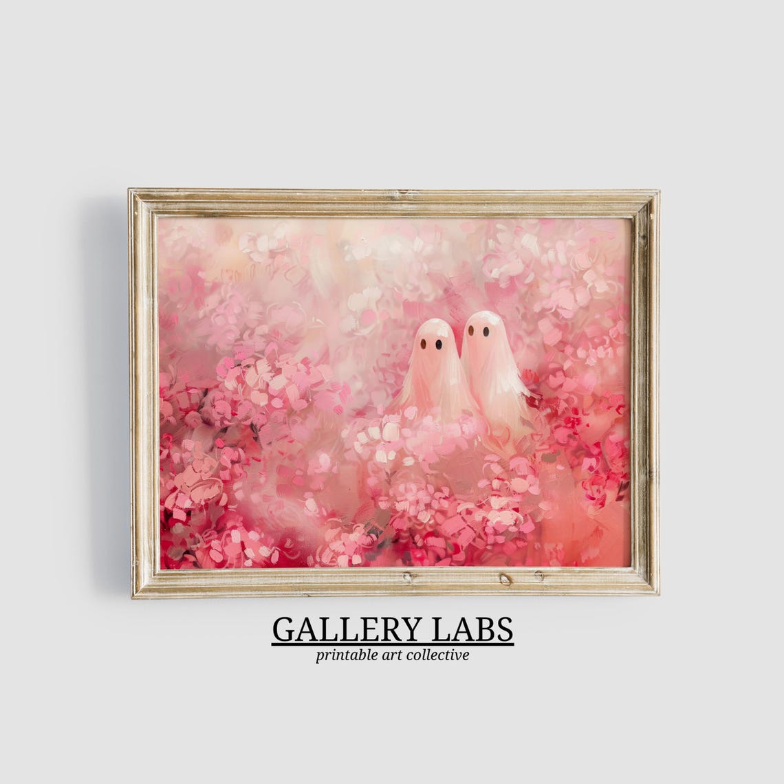 Two Cute Ghosts Pink Wildflowers Field Spooky Sweet Painting Poster