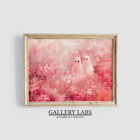 Two Cute Ghosts Pink Wildflowers Field Spooky Sweet Painting Poster