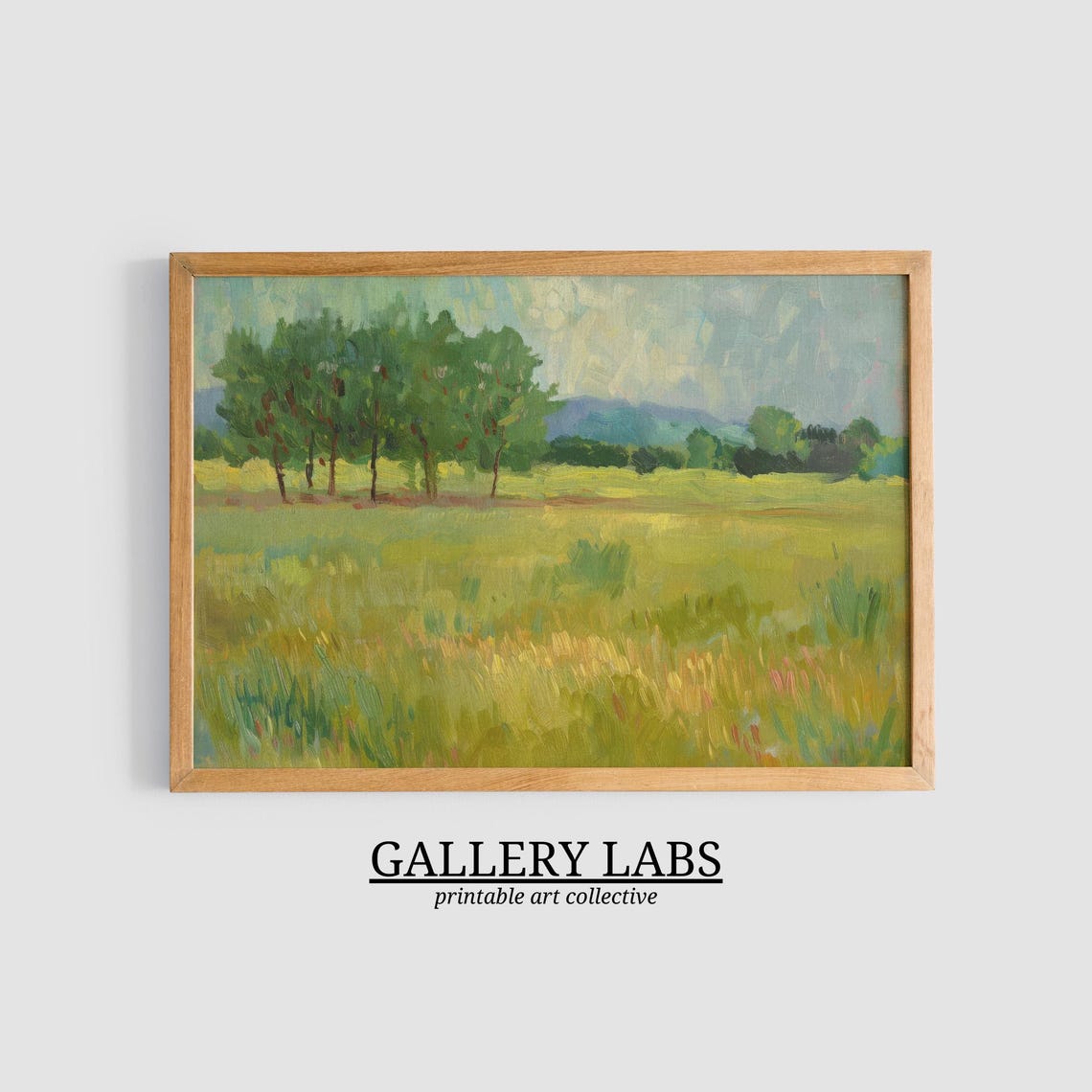 Green Summer Meadow with Trees Impressionist Landscape Wall Art Print - Image 3