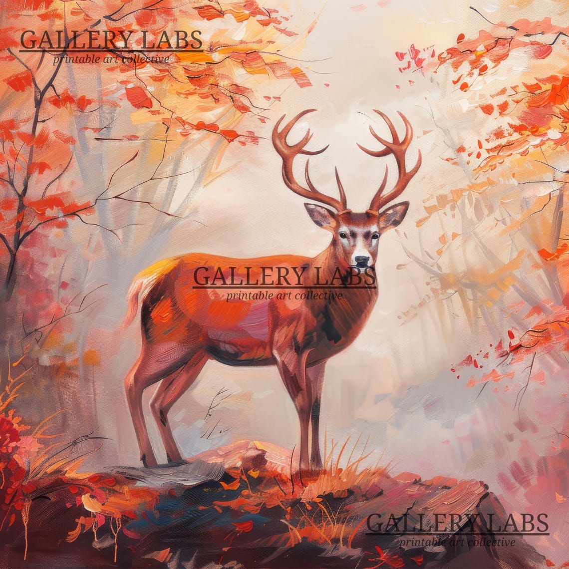 Majestic Stag Autumn Forest Red Fall Foliage Wildlife Wall Art Print - Image 4