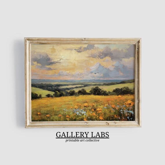 Golden Sunset Meadow Orange Wildflowers Dramatic Sky Art Print
