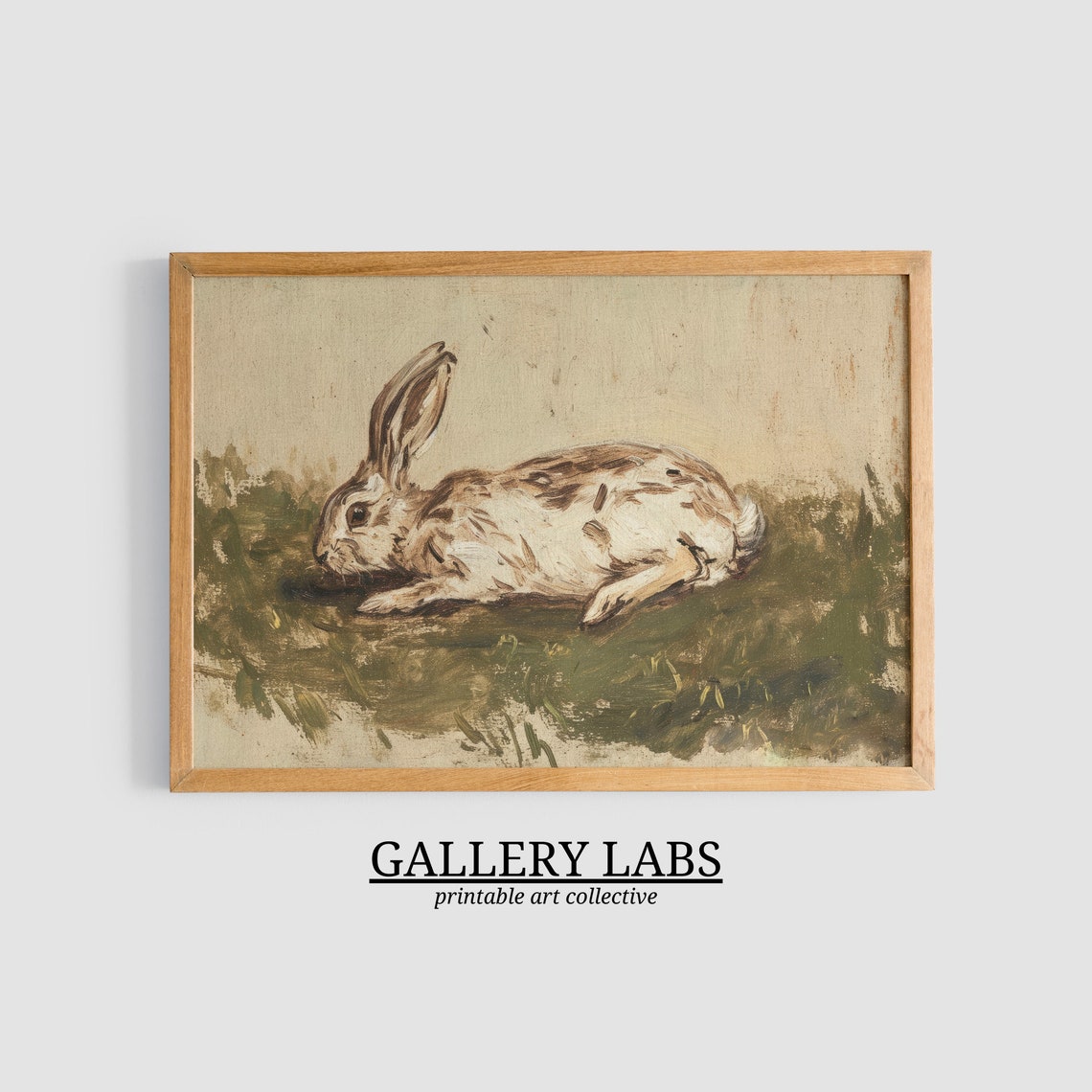 Vintage Wild Hare Lying in Grass Rustic Woodland Oil Art Print - Image 3