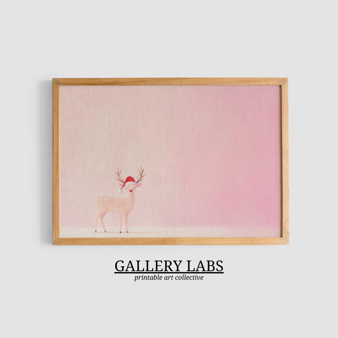 Pink Reindeer Santa Hat Minimalist Christmas Scene Wall Art Print - Image 3