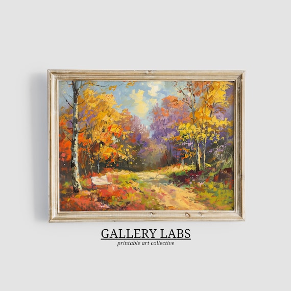 Autumn Forest Path with Park Bench Golden Foliage Landscape Wall Art Print