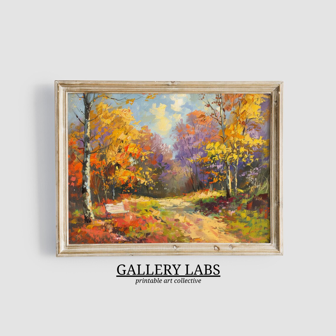 Autumn Forest Path with Park Bench Golden Foliage Landscape Wall Art Print