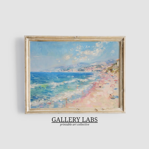 Mediterranean Beach Town Pink Sand Impressionist Coastal Poster