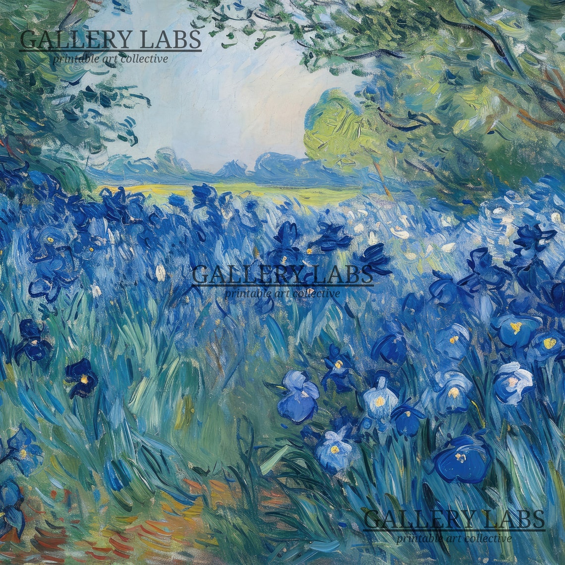 Blue Iris Field Painting Impressionist Purple Flower Garden Art Print - Image 4