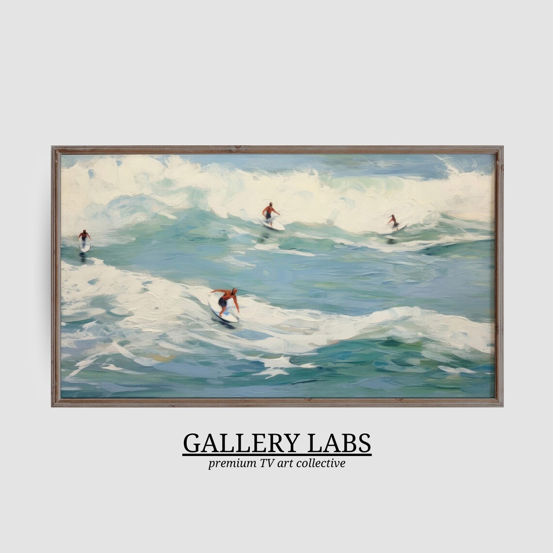 Retro Surfers Riding Rolling Turquoise Ocean Waves Painterly Beach Scene Art Print - Image 3