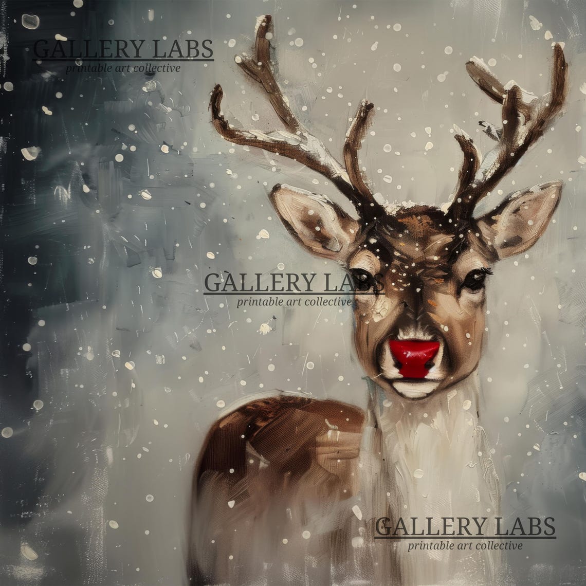 Rudolph Red Nosed Reindeer Snowy Portrait Moody Winter Poster - Image 4