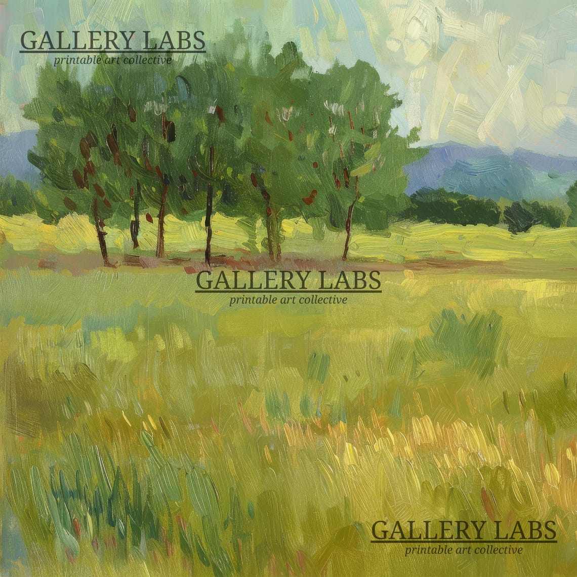 Green Summer Meadow with Trees Impressionist Landscape Wall Art Print - Image 4