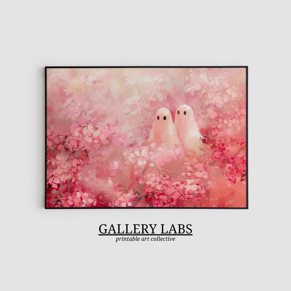 Two Cute Ghosts Pink Wildflowers Field Spooky Sweet Painting Poster - Image 2