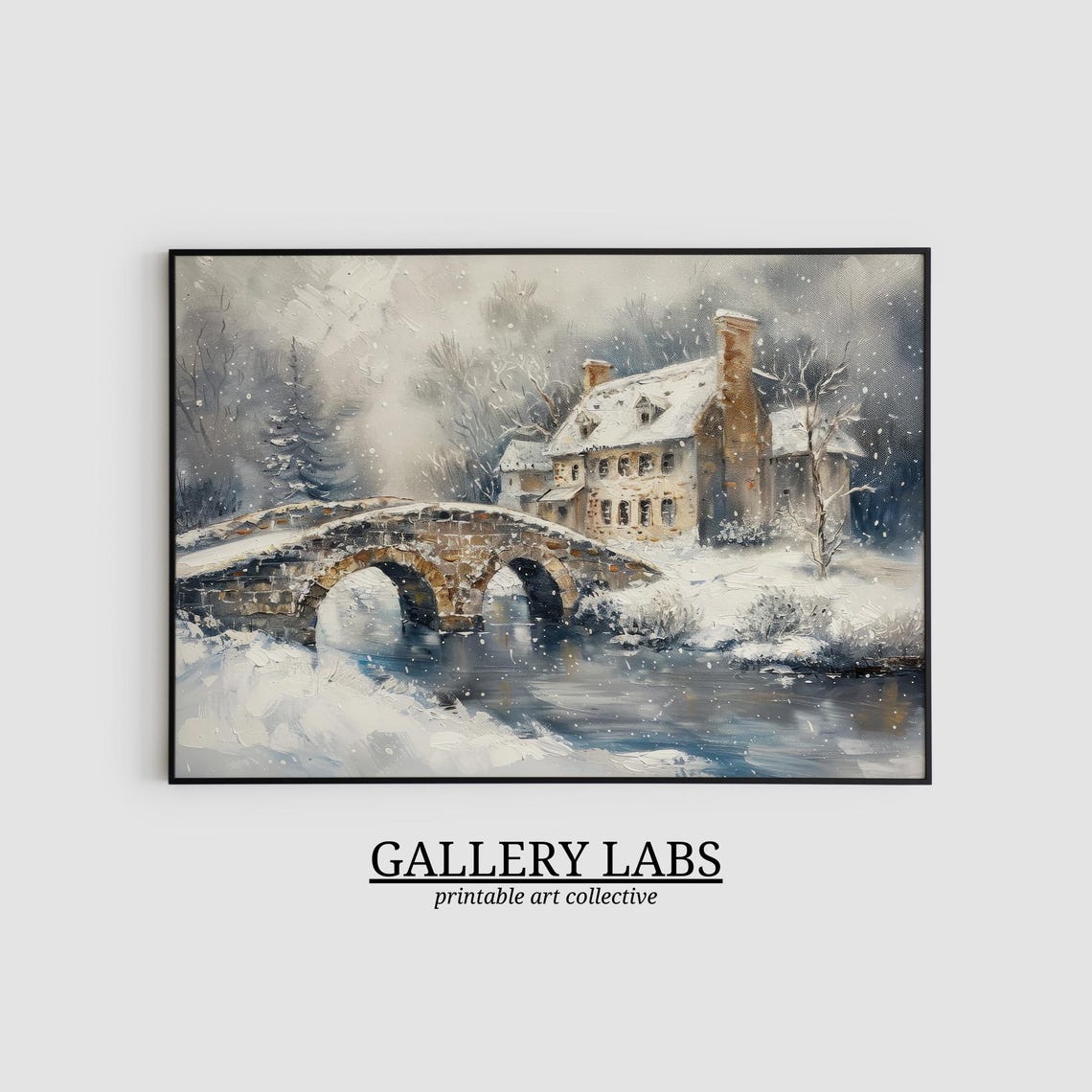 Snowy Stone Bridge River Winter Village Storm Rustic Travel Poster - Image 2