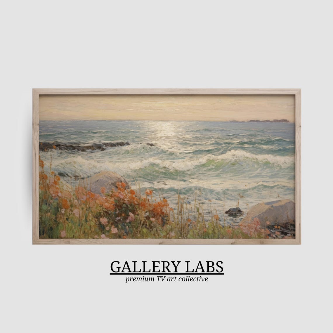 Wildflower Dotted Rocky Shore Rolling Waves Sunrise Seascape Poster - Image 2