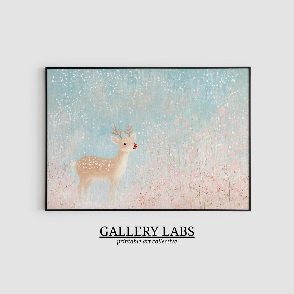 Cute Reindeer Snowy Pink Flower Field Christmas Wall Art Print - Image 2