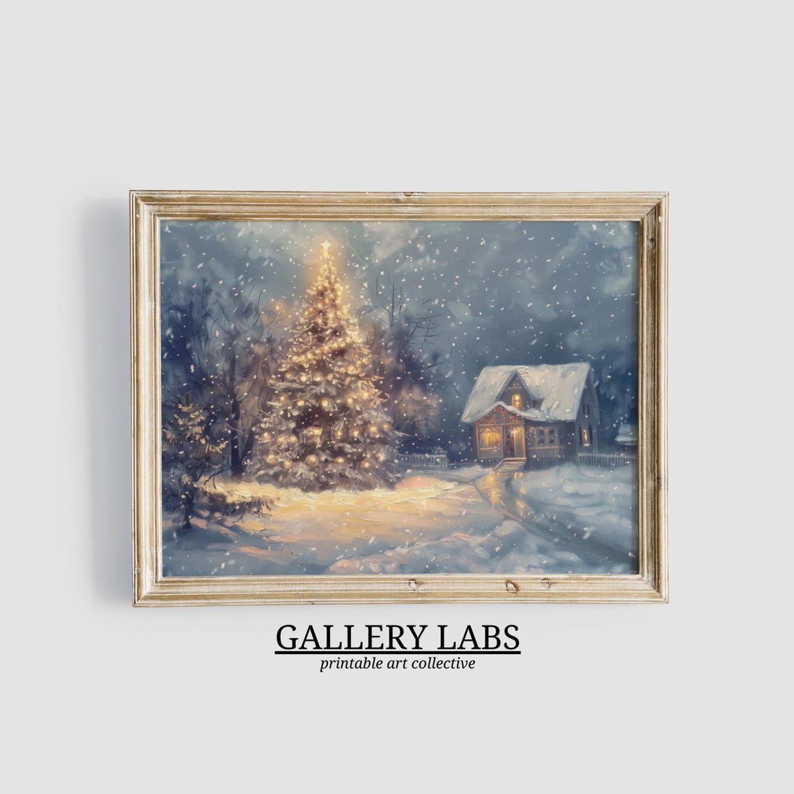 Glowing Christmas Tree Snowy Cabin Night Falling Snow Travel Poster