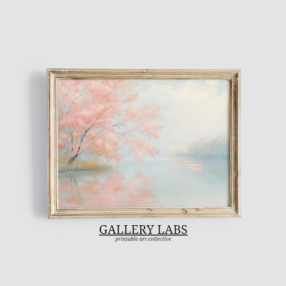 Pink Autumn Pond Blossom Trees Misty Lake Scene Wall Art Print