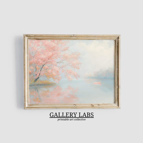 Soft Pink Autumn Pond Landscape Painting Muted Fall Painting Girly Farmhouse Decor Fall Wall Art Cute Autumn Decor Art