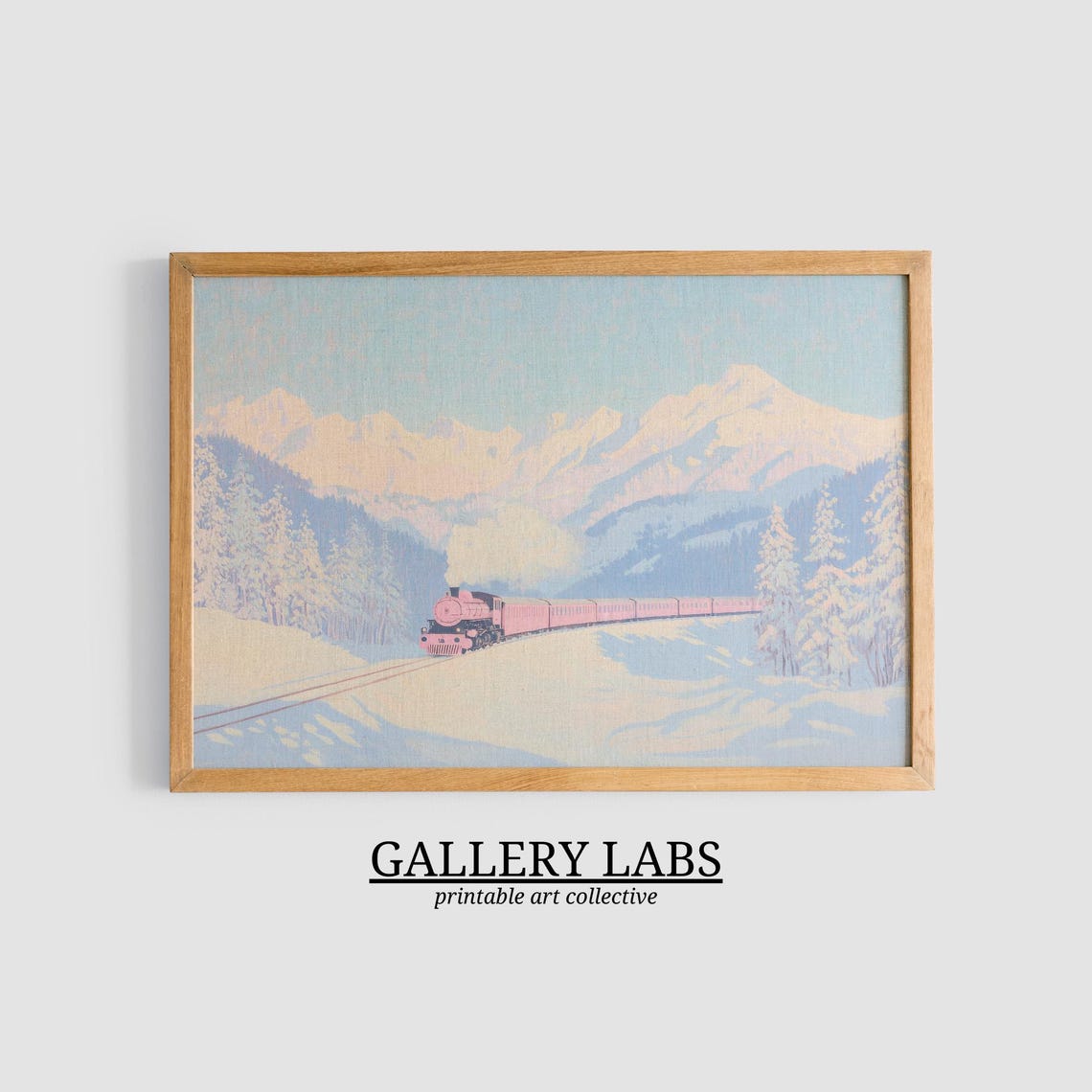 Pink Christmas Train Snowy Mountain Winter Landscape Wall Art - Image 3