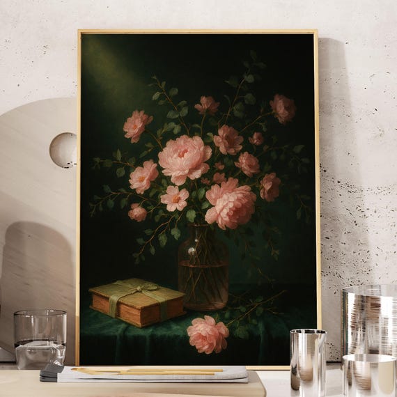 Romantic Pink Rose Bouquet Still Life Wall Art Floral Moody Dark Academia Oil Painting Print Green And Vintage Room Decor
