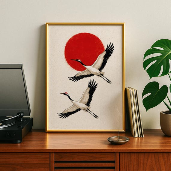 Japanese Crane Art Print, Wabi Sabi Japandi