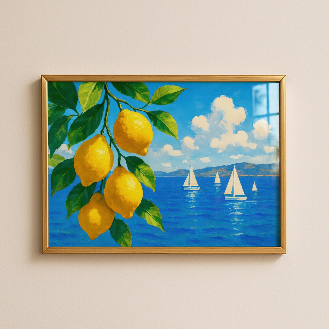 Amalfi Lemon Branch Sailboats Blue Sea Coastal Mediterranean Poster