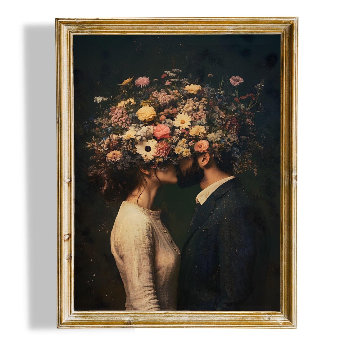 Couple Kiss Behind Wildflower Bouquet Moody Romantic Oil Poster