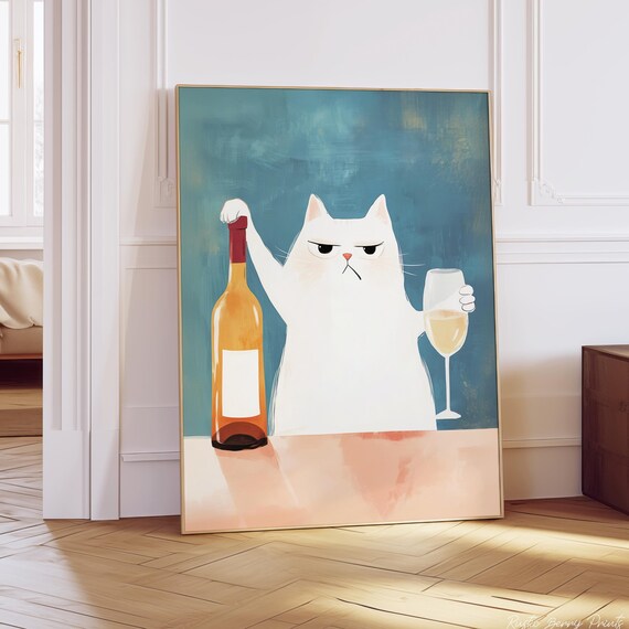 Grumpy White Cat Holding Wine Bottle Funny Cat Wine Bar Art Print Poster