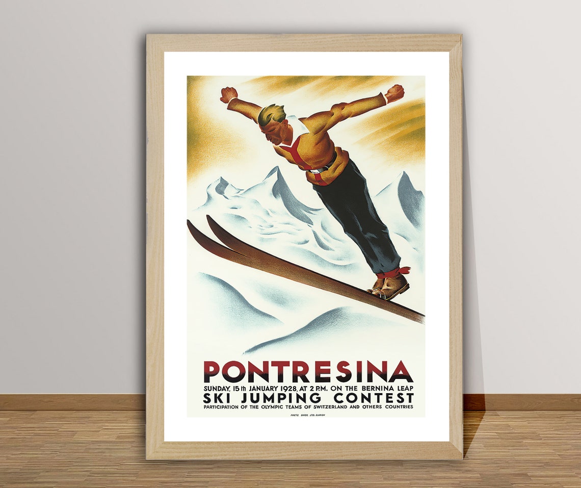 Pontresina 1928 Ski Jumping Contest Bernina Leap Vintage Swiss Poster