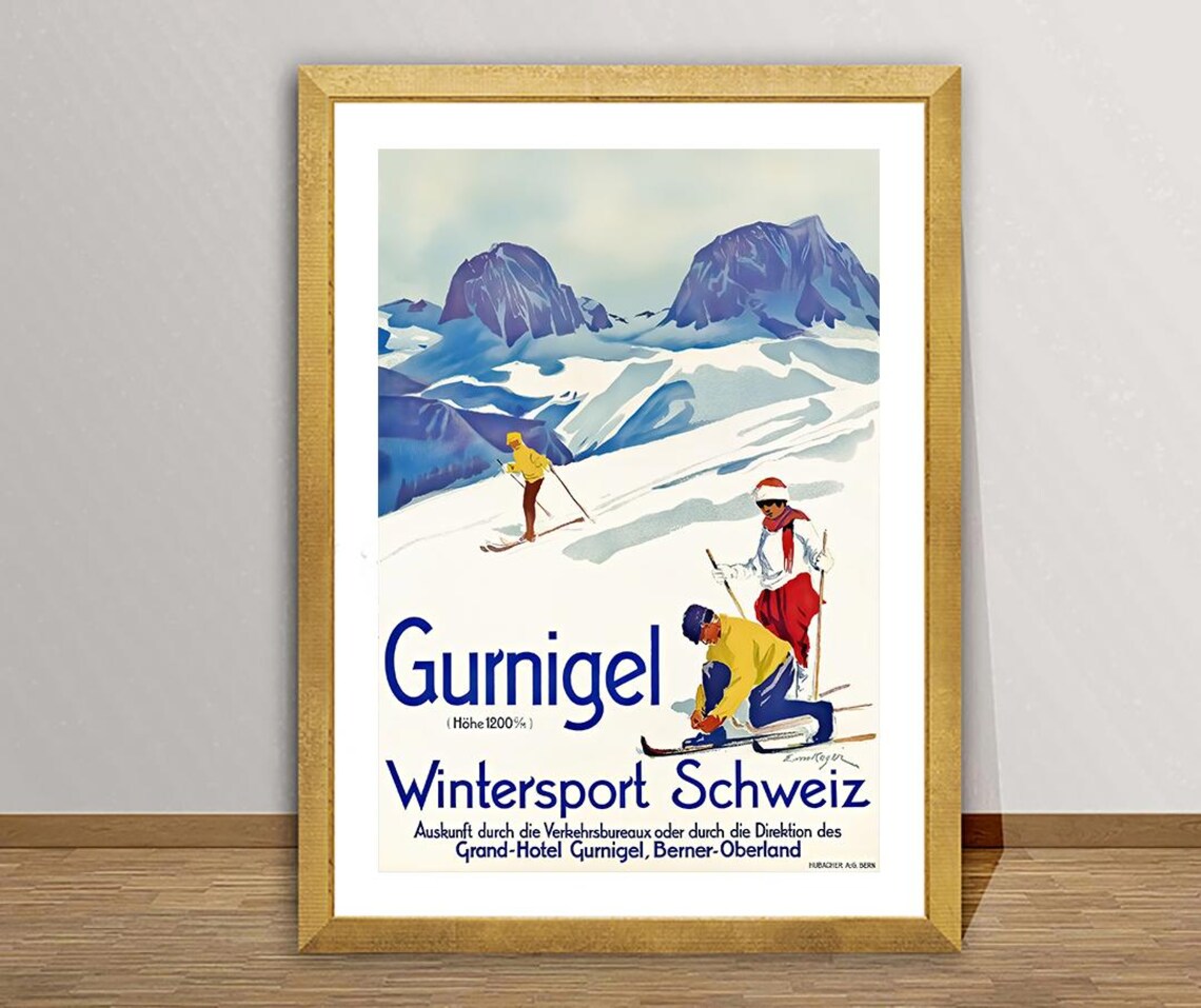 Gurnigel Wintersport Schweiz Vintage Swiss Ski Resort Travel Poster - Image 2