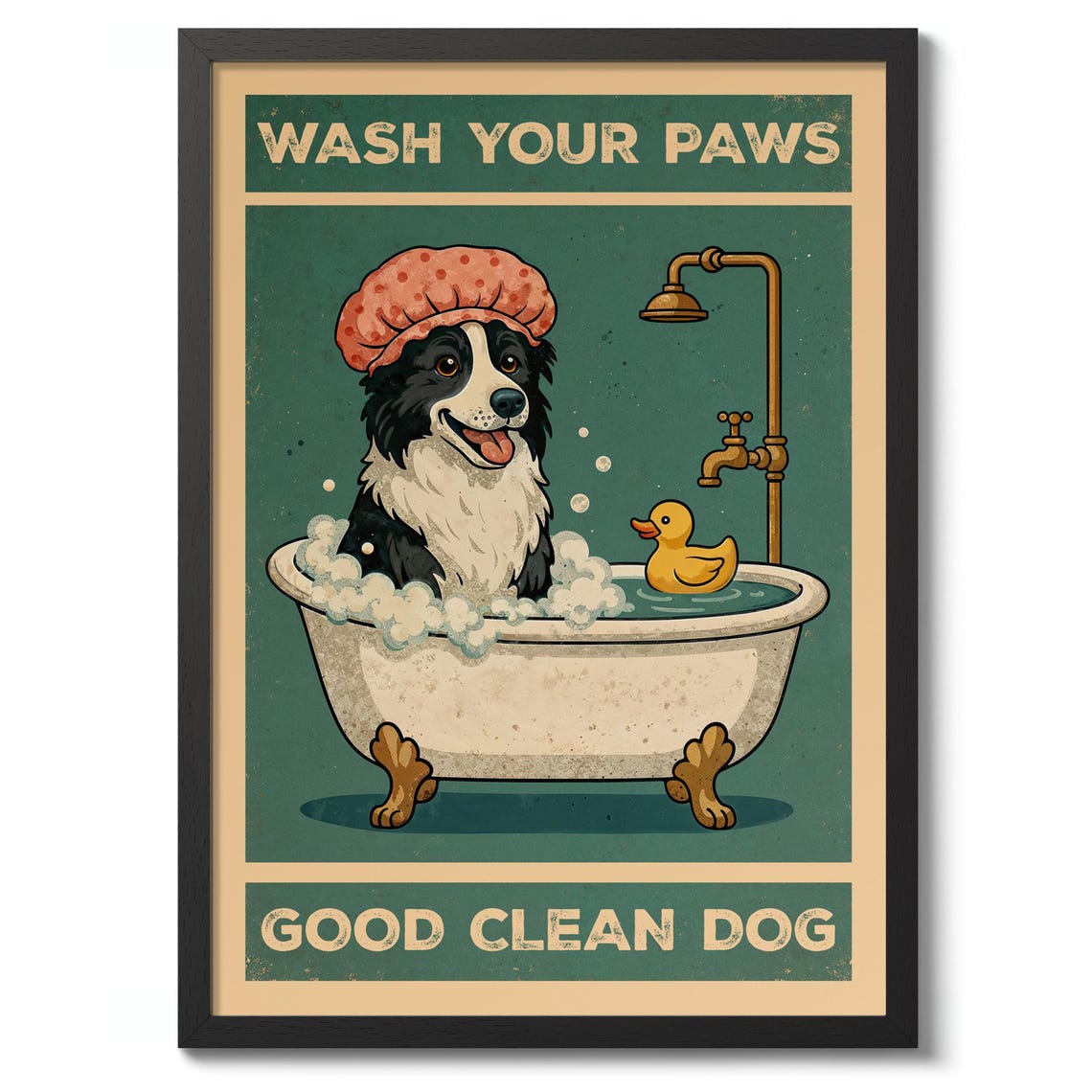Border Collie in Bubble Bath Funny Dog Bathroom Wall Decor Poster