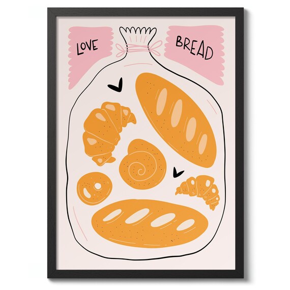 Love Bread Cute Pastry Bag Illustration Kitchen Food Art Poster