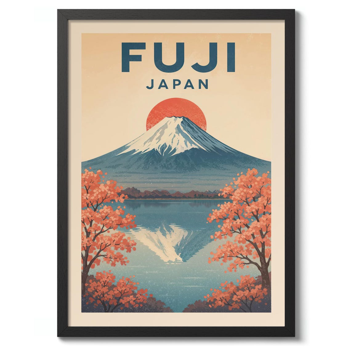Mount Fuji Japan Retro Cherry Blossom Sunrise Lake Reflection Poster
