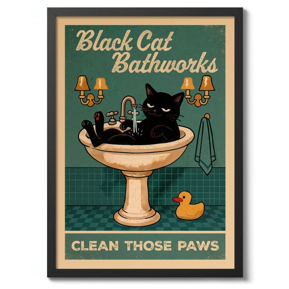 Black Cat Bathworks Typography Print Bathroom Jokes Poster Funny Wall Art Decor