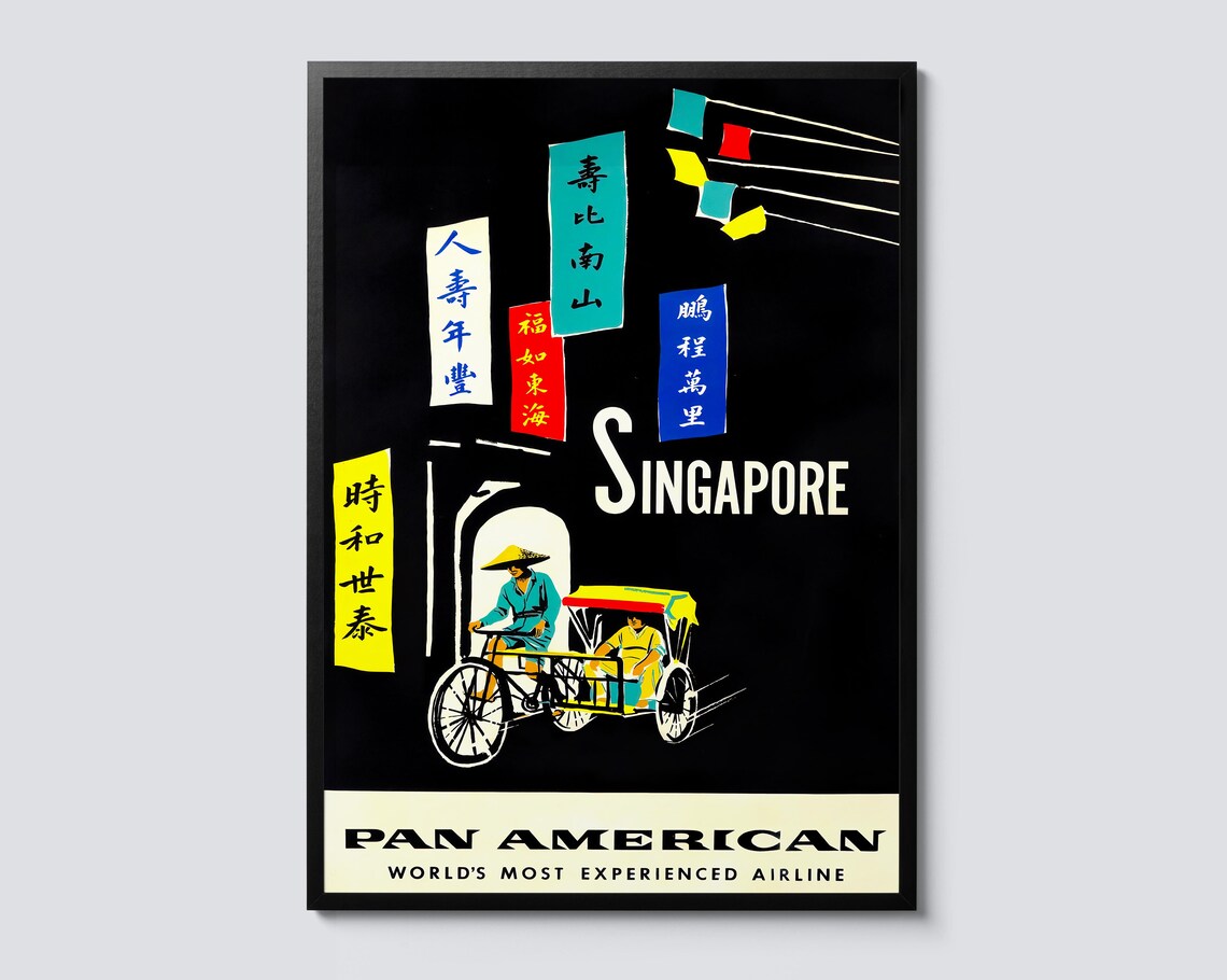 Singapore Pan American Vintage Airline Poster with Trishaw Art