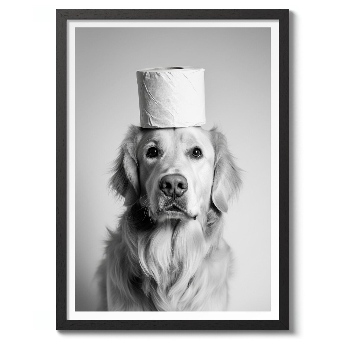 Golden Retriever with Toilet Paper Roll Funny Black White Photo Poster