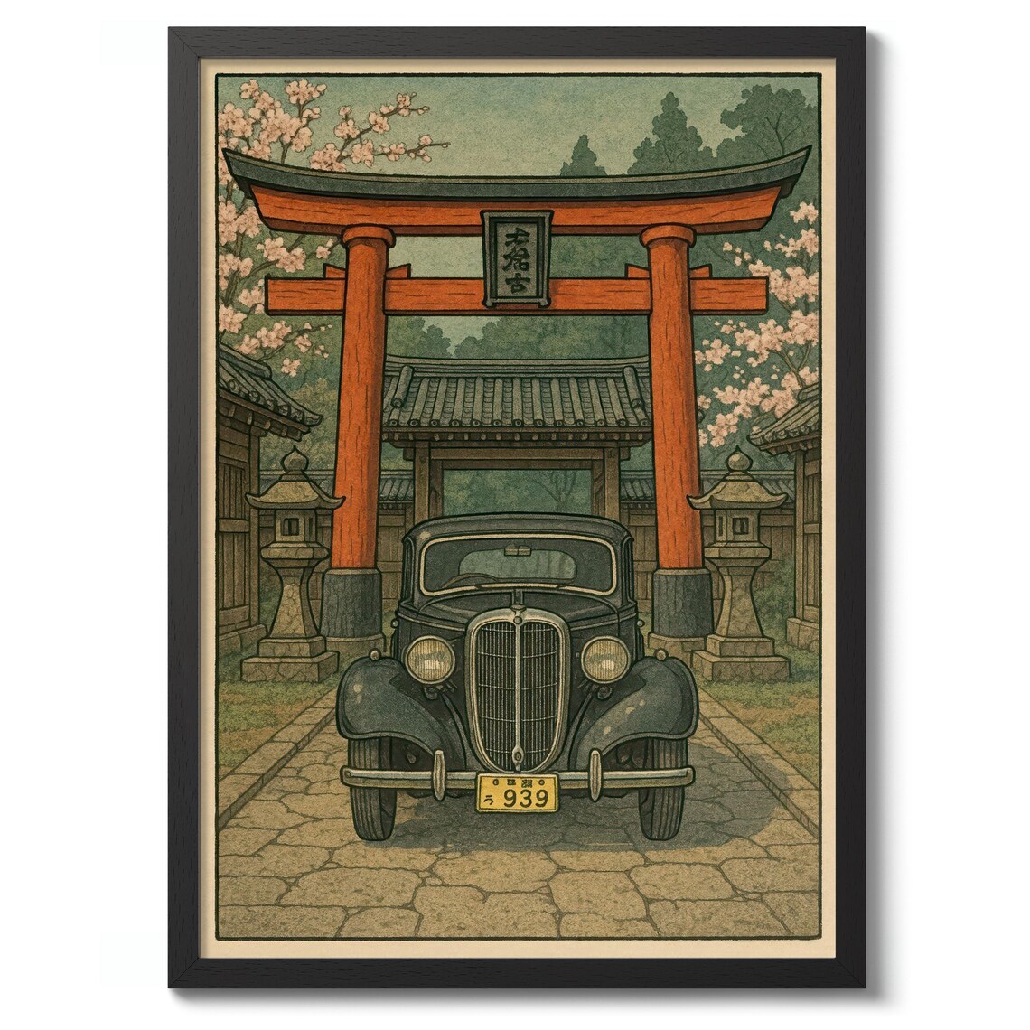 Vintage Car At Japanese Shrine Torii Gate Cherry Blossom Poster