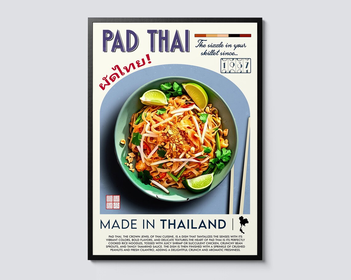Pad Thai Cuisine Vintage Graphic Poster, Asian Food Print
