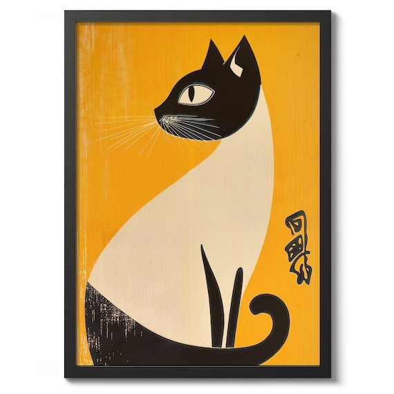 Japanese Woodblock Cat Art In Black On Mustard Ukiyo E Style Poster
